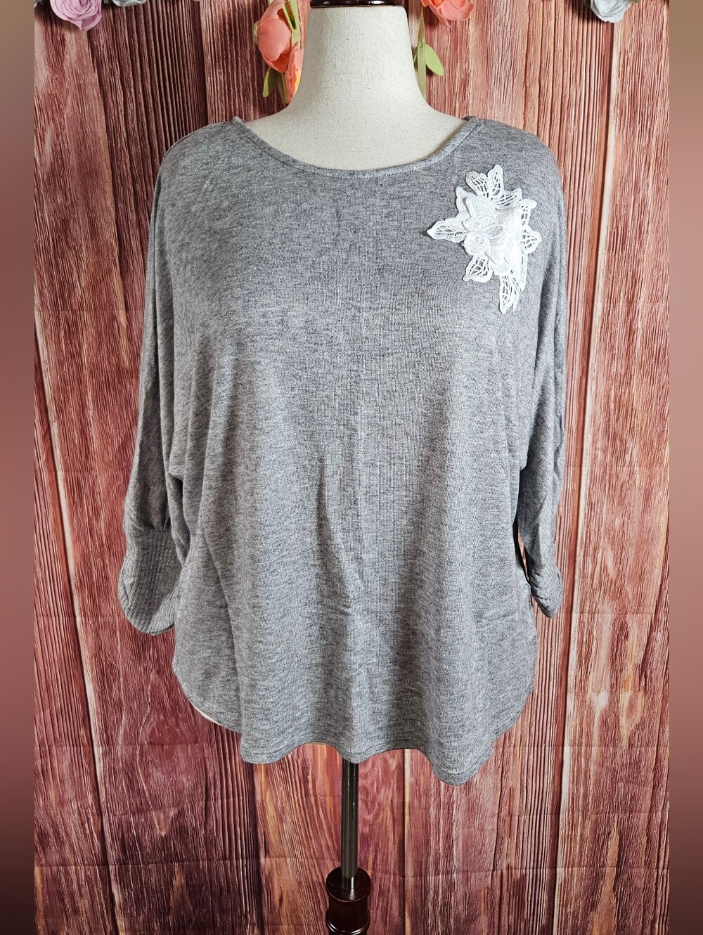 Adrienne Vittadini Hacci Knit Top With Lace Accent Plus Size 2X